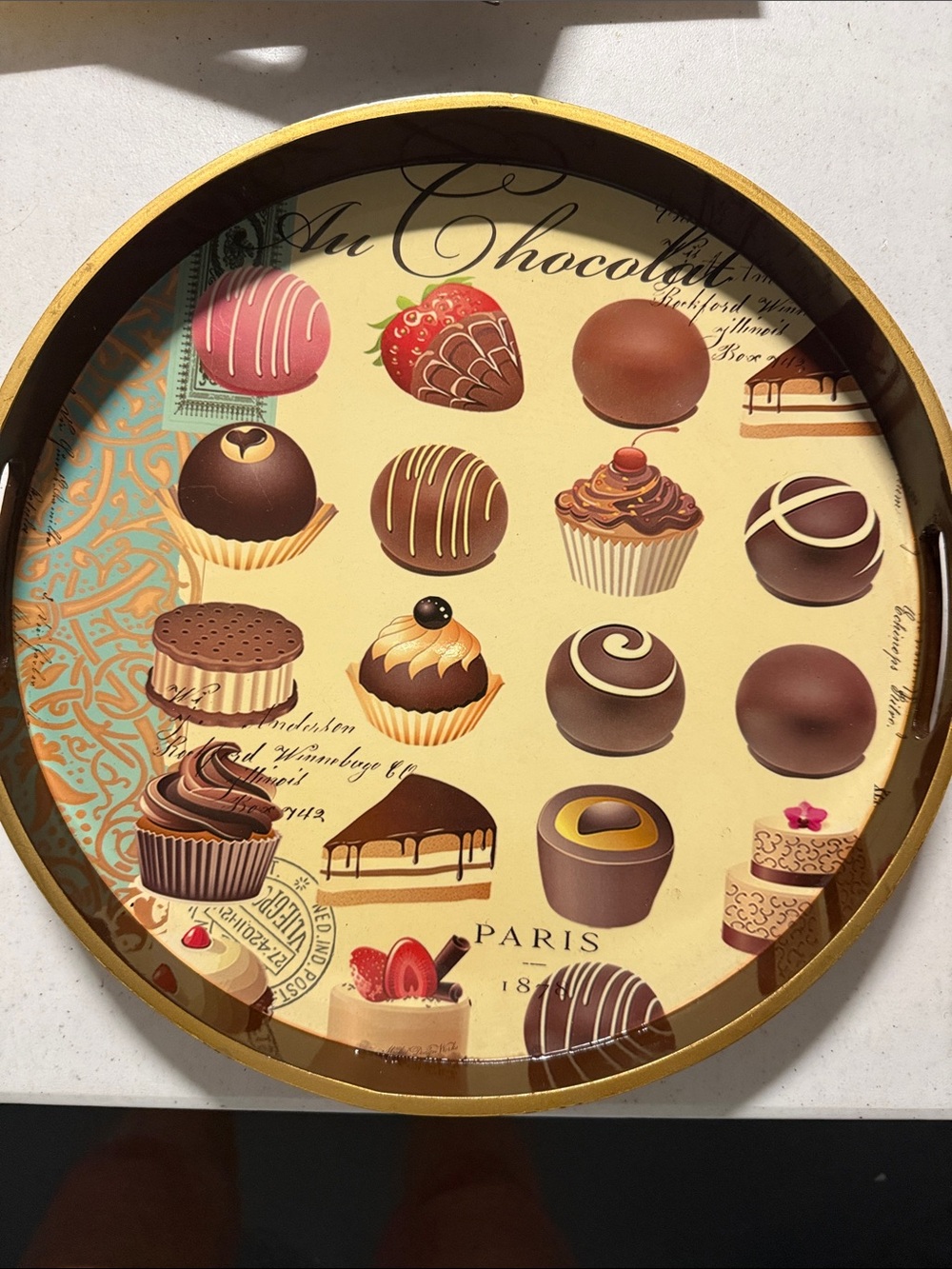 Round Chocolate Print Serving Tray in Yellow and Brown